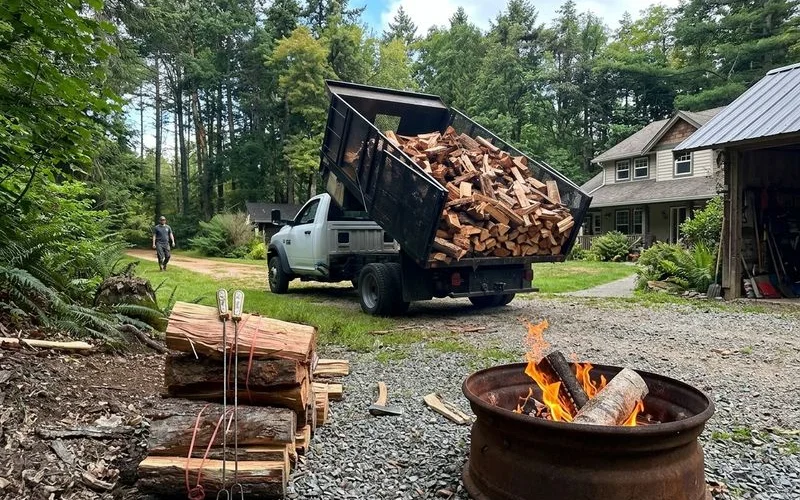Firewood delivery truck backing into a long rural driveway on the Saanich Peninsula