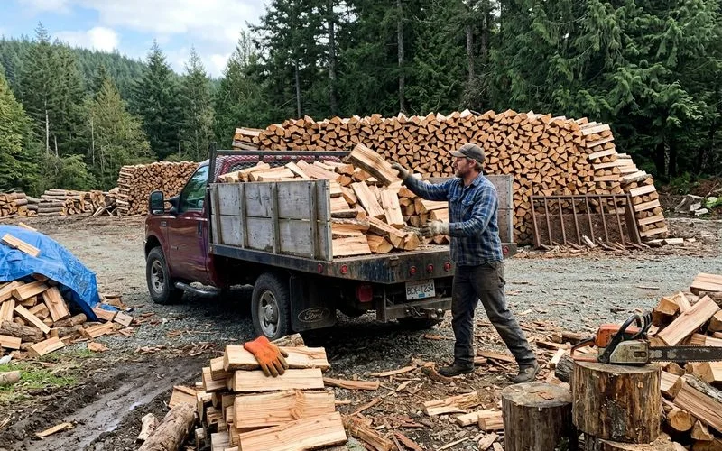 The Saanich Firewood delivery truck being loaded at the wood yard