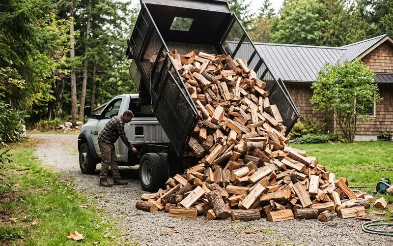 Saanich Firewood crew dumping a cord of firewood at a Saanich Peninsula customer's home