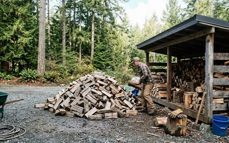 Two cord bulk load dumped beside a cabin wood shed on forested Vancouver Island acreage